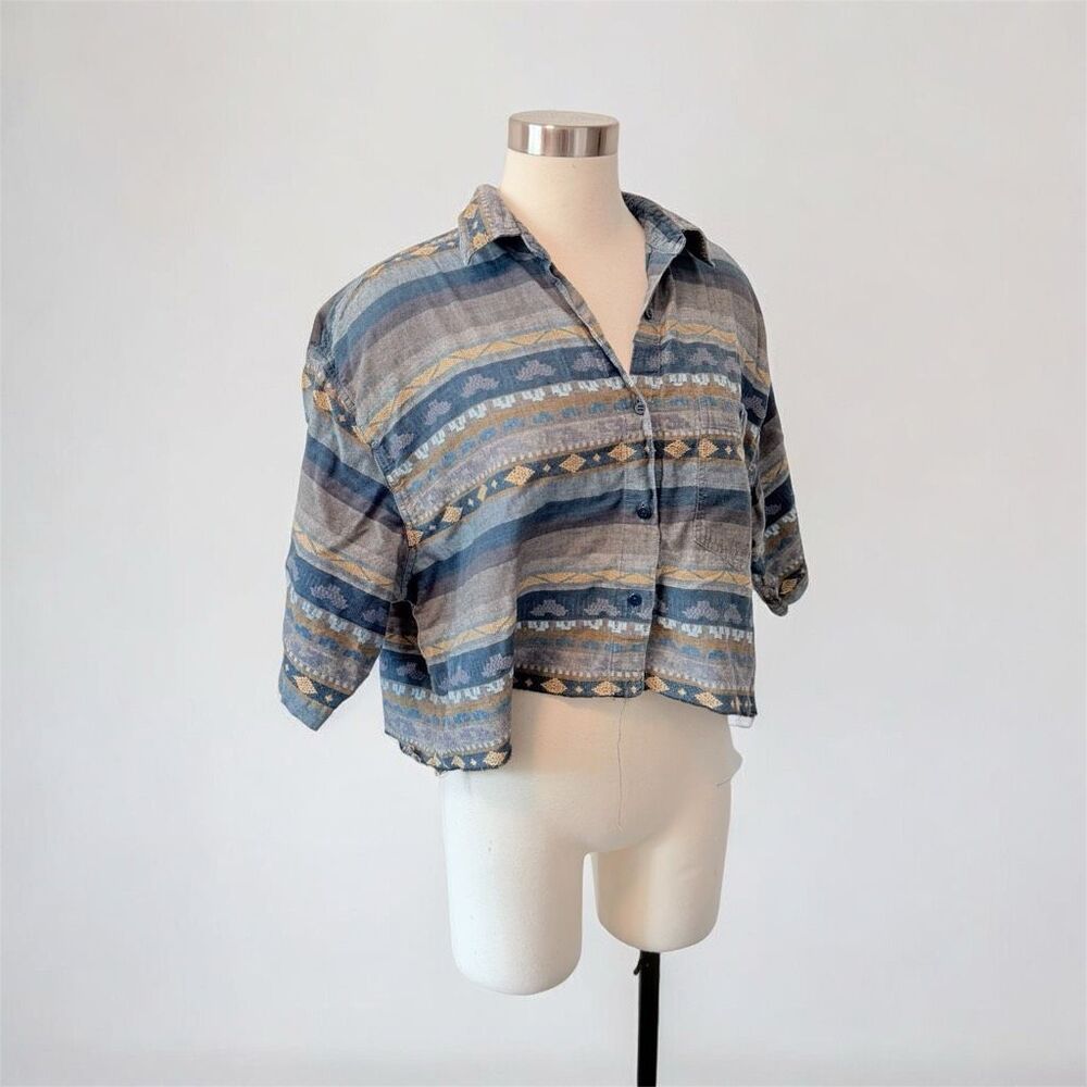 Vintage Futures Graphic Aztec Short Sleeve Button Down Up XXL Cropped Hand Cut B